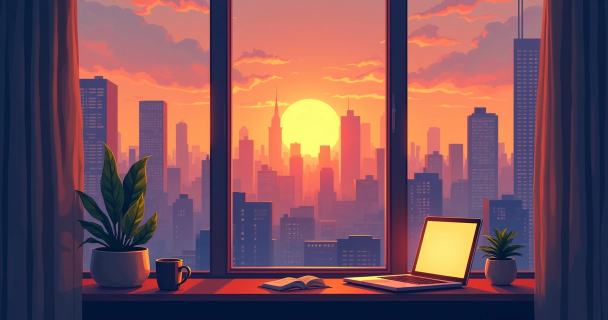 Apartment window overlooking city skyline at sunset