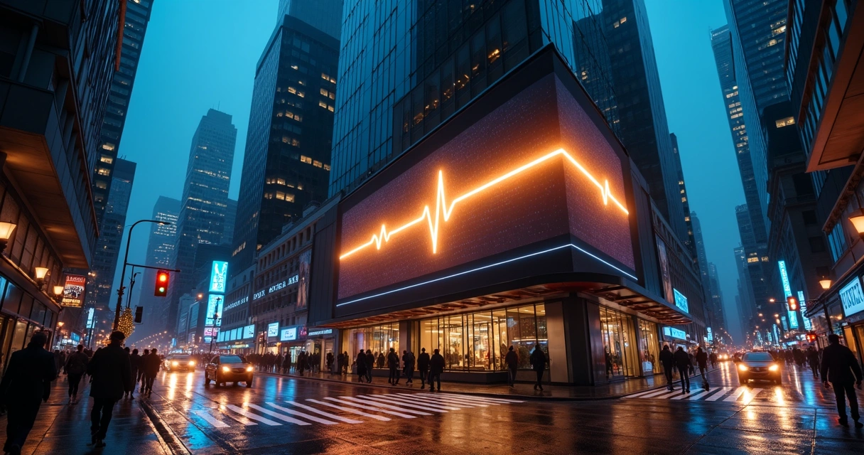 Night city billboard logo connected to glowing heartbeat line 