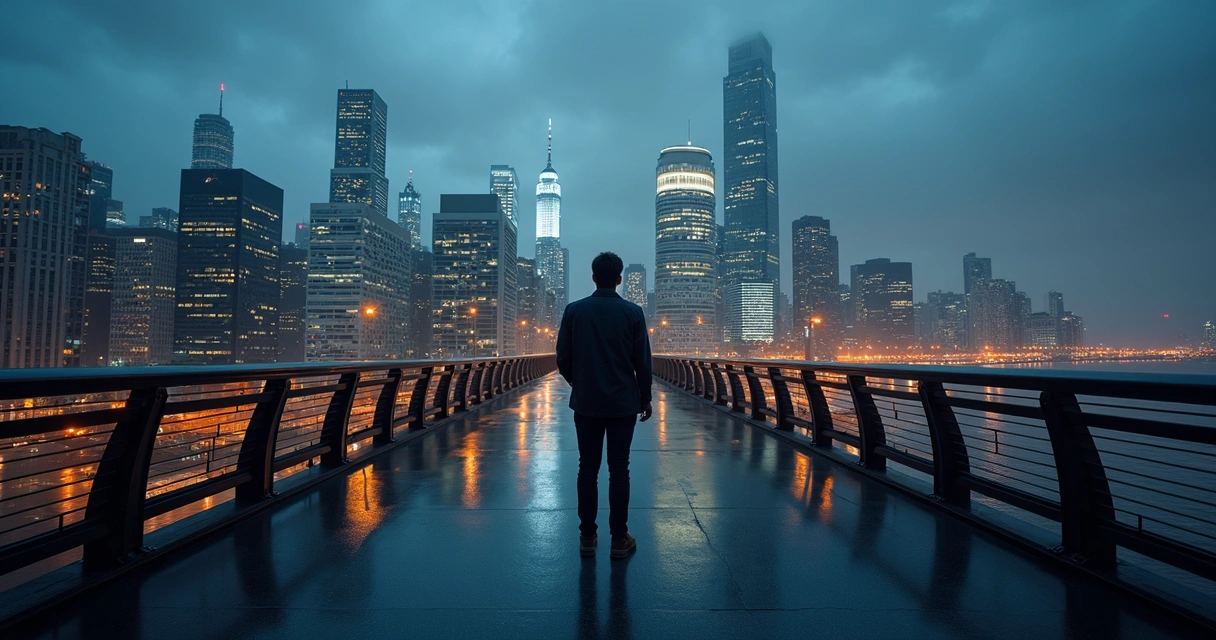 Person on bridge overlooking city where some buildings vanish into shadow 