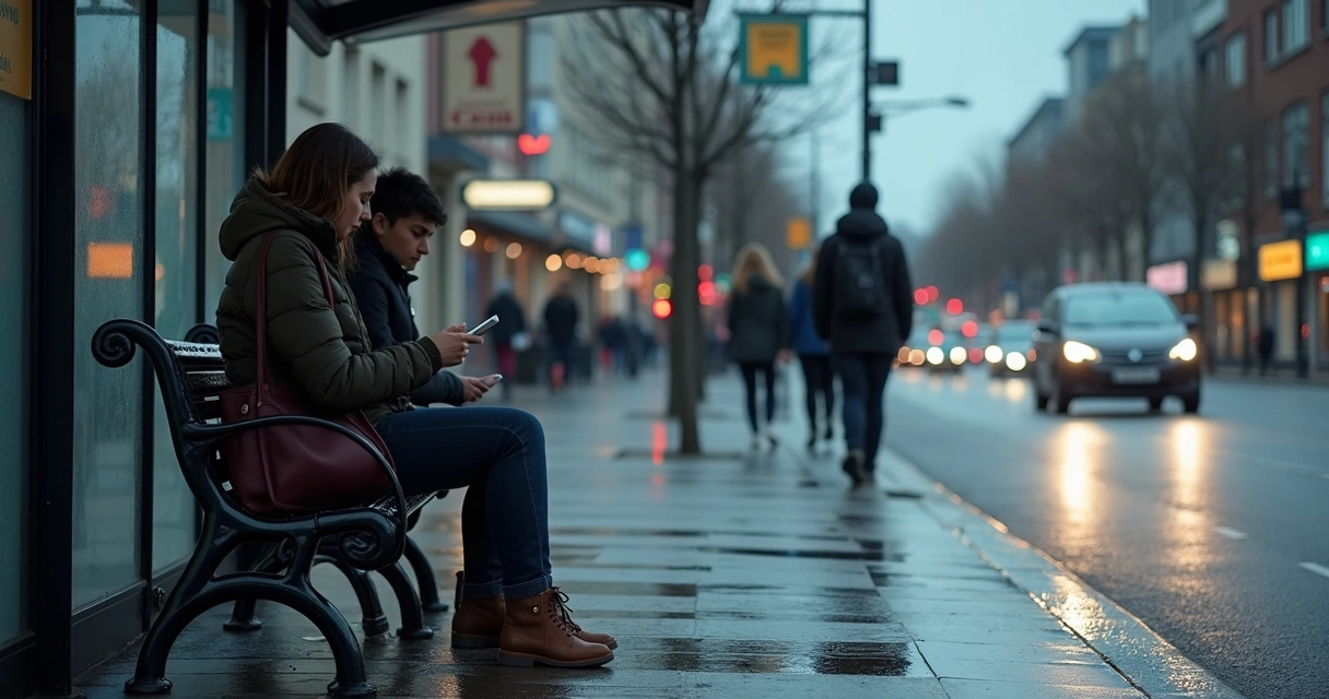 Woman at city bus stop casting shadow with visible emotional burden 