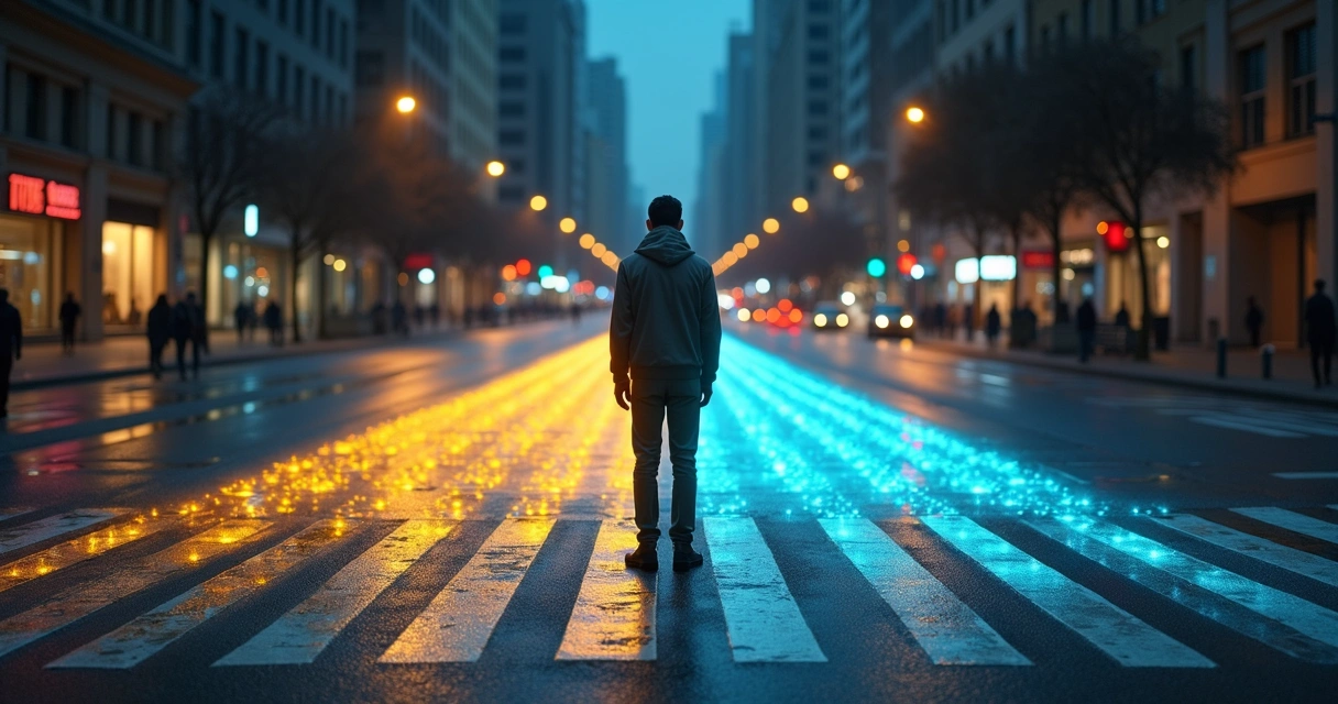 Person standing at night crosswalk with glowing paths extending in different directions 