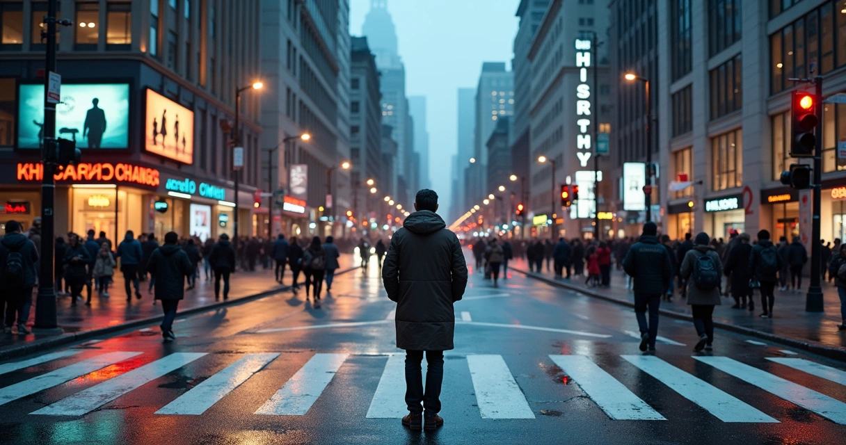 Blurred city crosswalk mixing past and future symbols around thoughtful pedestrian 