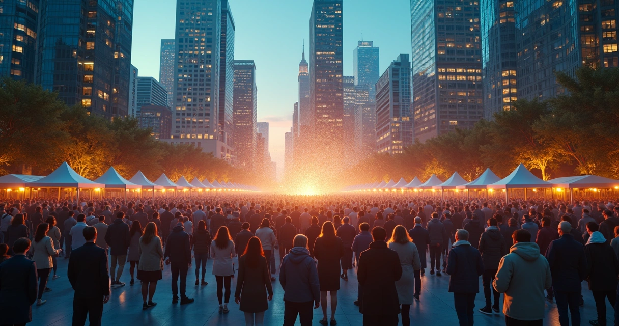Overhead view of a city crowd connected by overlapping colored light auras 