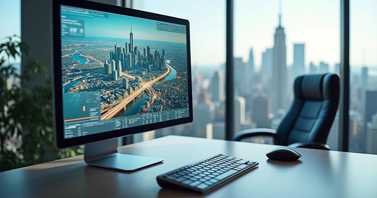 Virtual 3D city model on a screen reflecting real-time traffic and infrastructure data