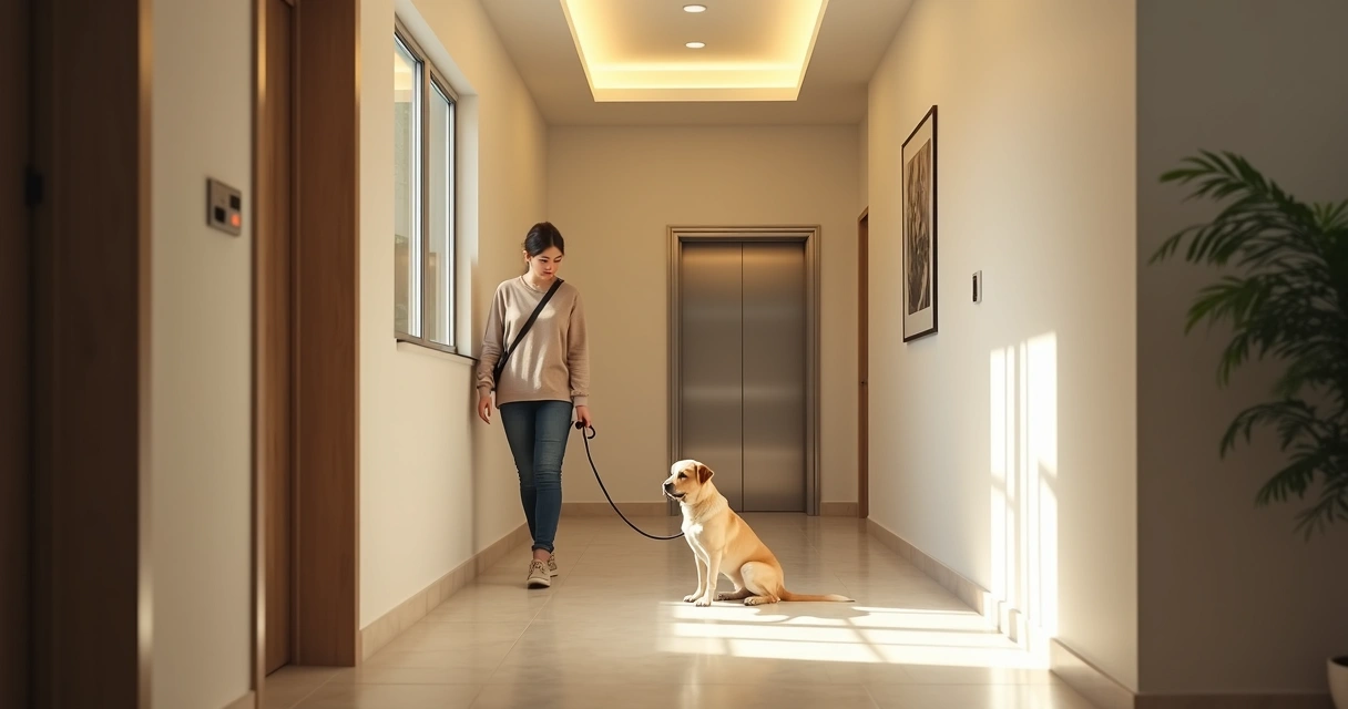 Owner and dog waiting by an apartment elevator