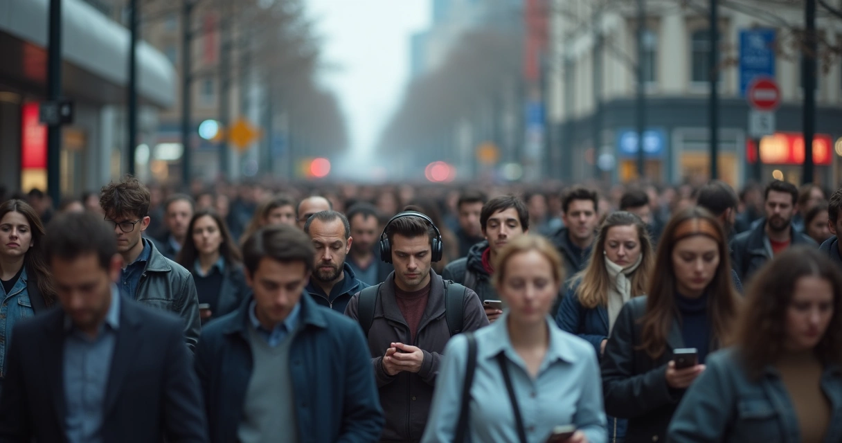 Crowded city scene with people walking while looking at phones 
