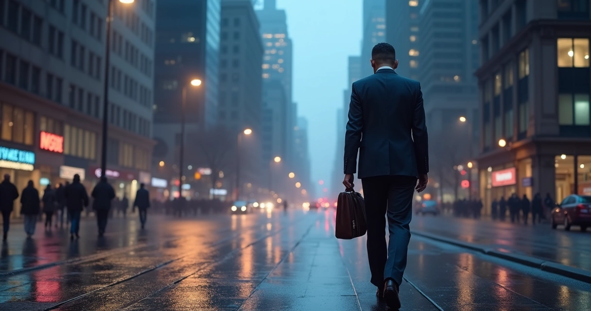 City evening showing silhouette of tired businessperson walking