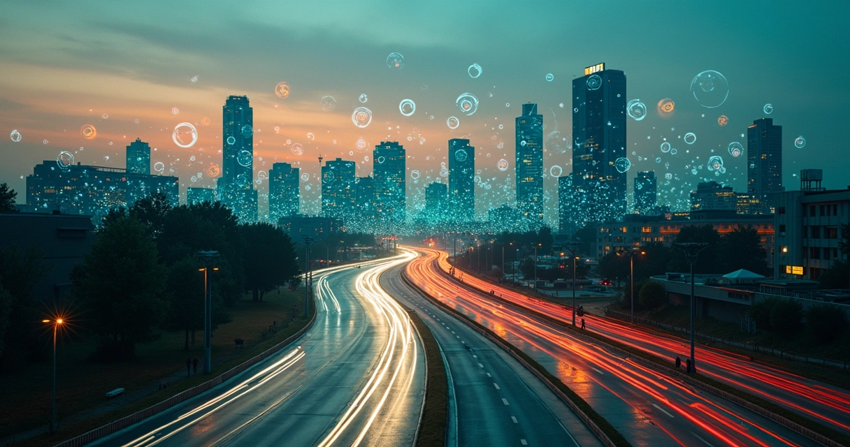 City at dusk with glowing concentric ripples revealing hidden feedback loops 