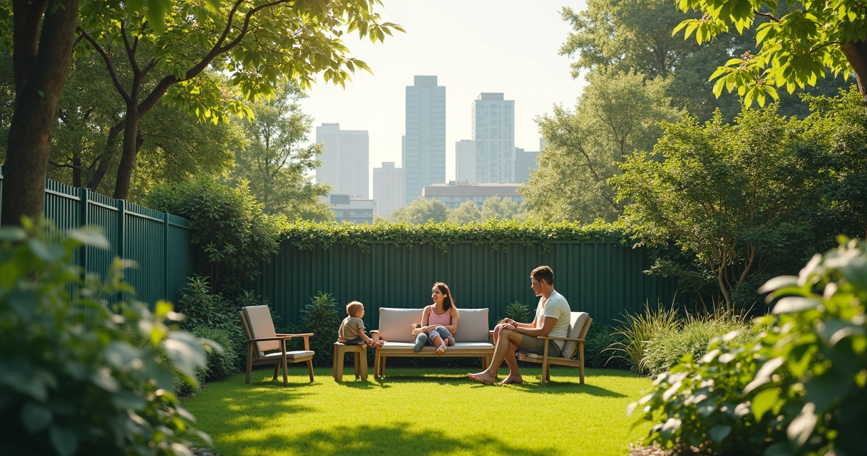 Family relaxing in peaceful city garden with noise-reducing fencing 