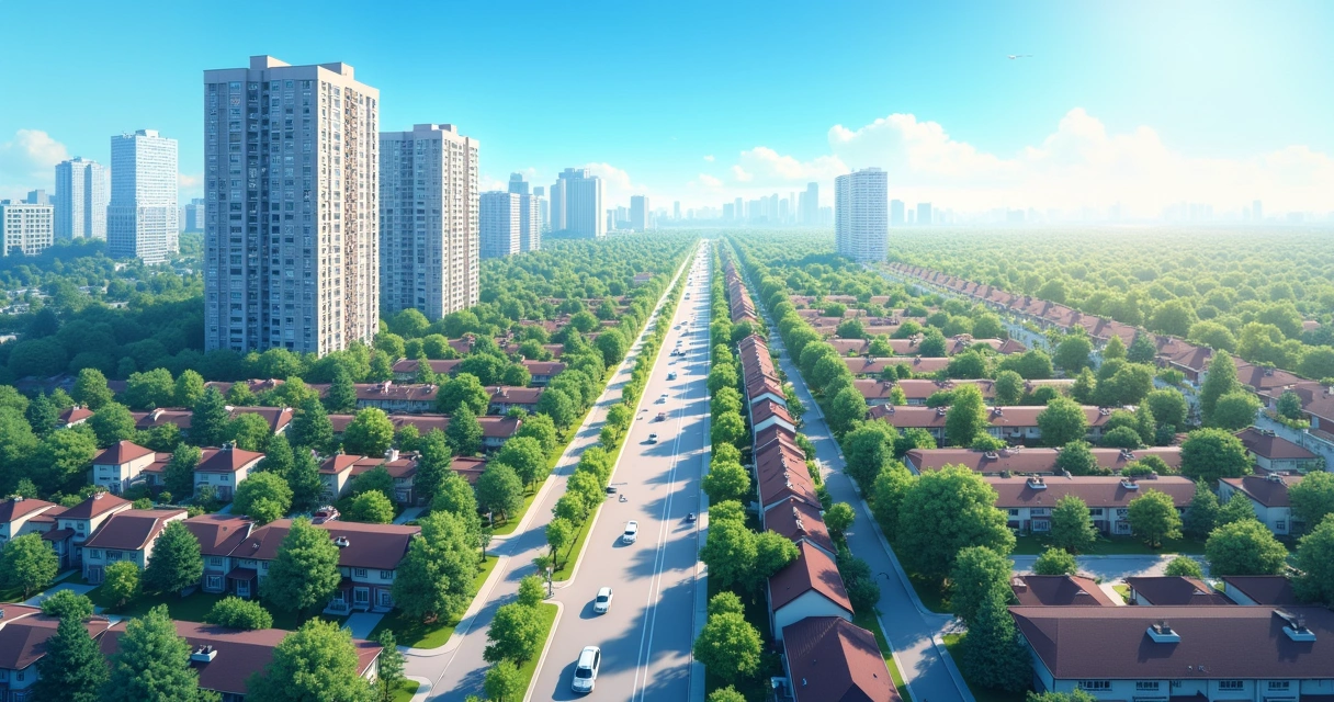 Vista aérea de bairros urbanos com casas e apartamentos