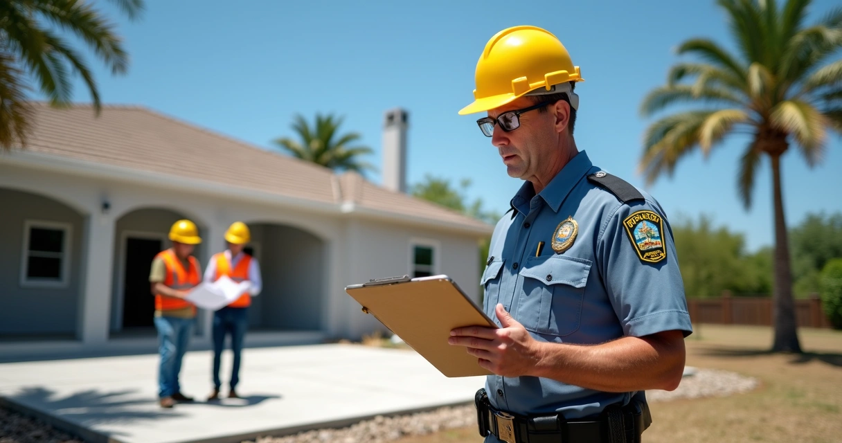 City inspector checking outdoor patio construction 