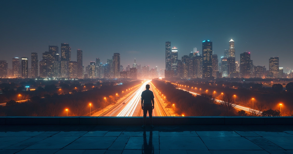 Person on rooftop watching city lights subtly shift over time 
