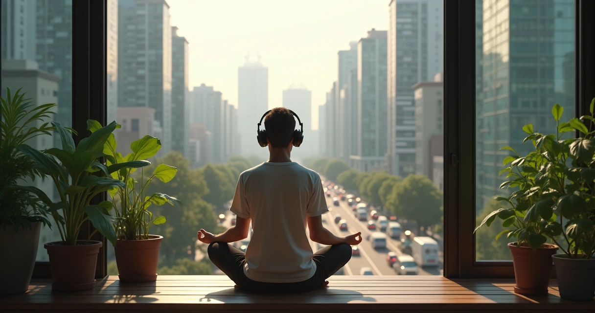 Person meditating on apartment balcony with headphones, cityscape in background 