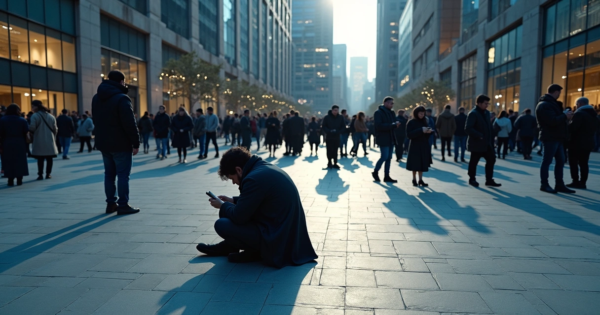 Crowd in a city plaza casting long shadow shaped like grieving figure 
