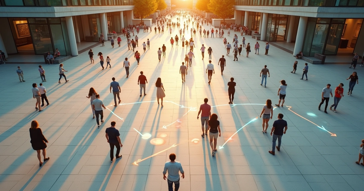 People walking across plaza with glowing chalk-like connection lines 