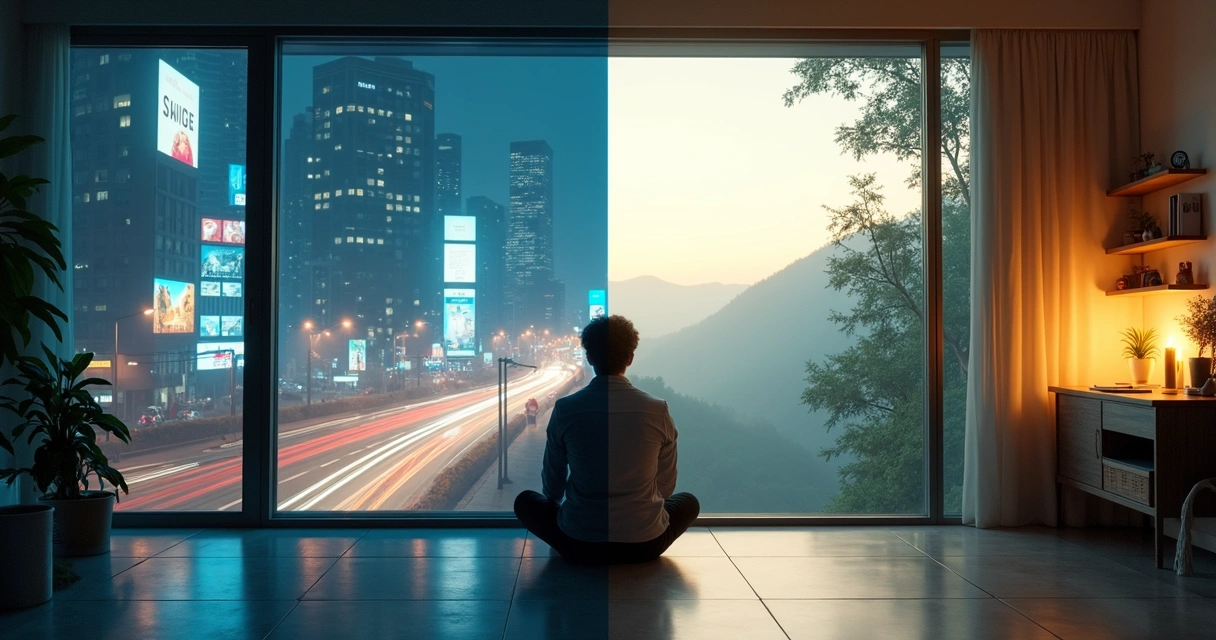Person in a split room between chaotic city and calm nature 