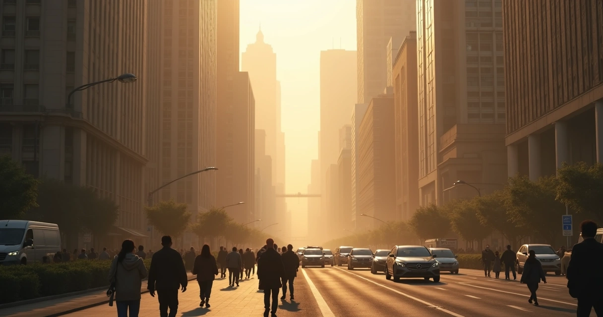 City skyscrapers with a hazy sky and visible air pollution 