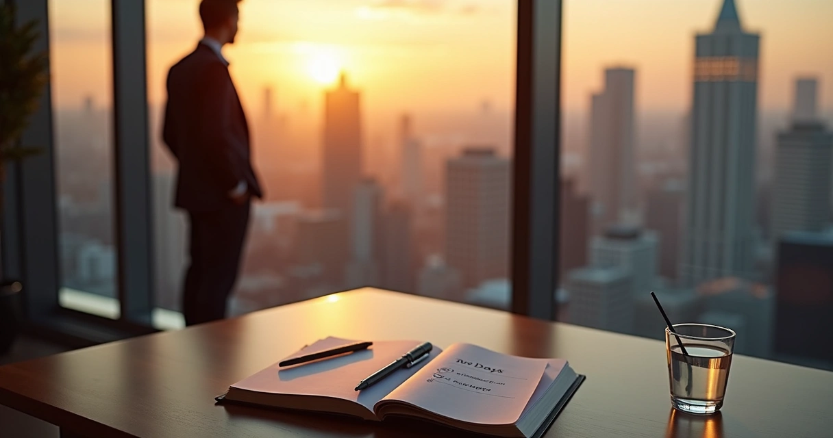 Leader looking over a city skyline at sunset 