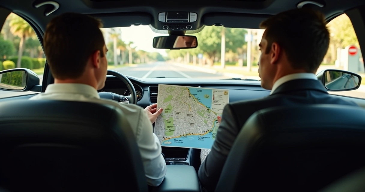Casal elegante em city tour de carro executivo avaliando roteiro turístico 