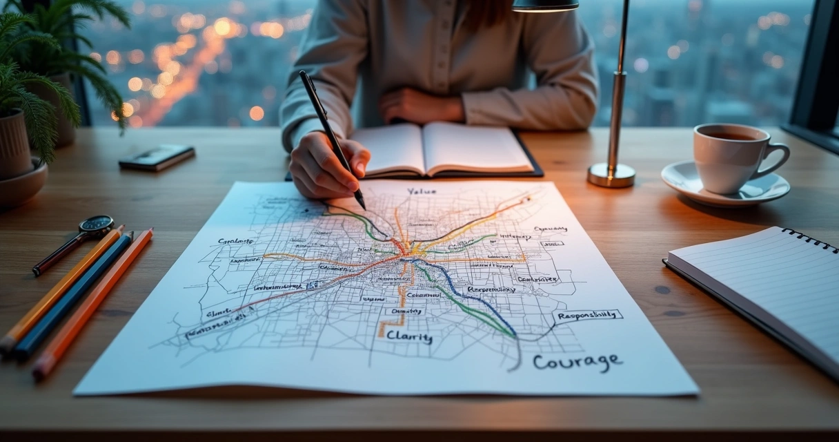 Desk with hand drawing a colorful personal values map over a city layout 