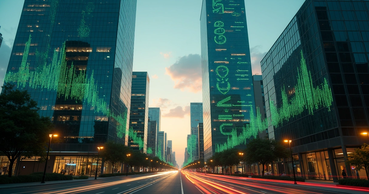 Panorama de cidade com prédios modernos e luzes digitais representando inovação fintech 