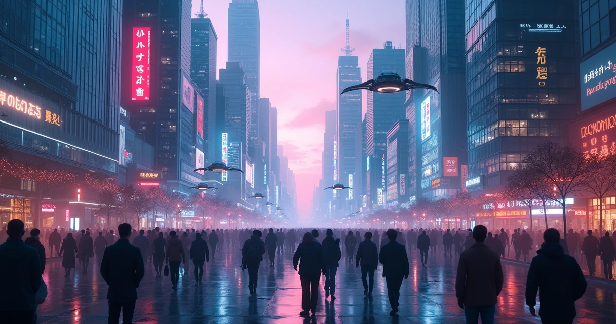 Futuristic cityscape with neon lights and detailed crowds 