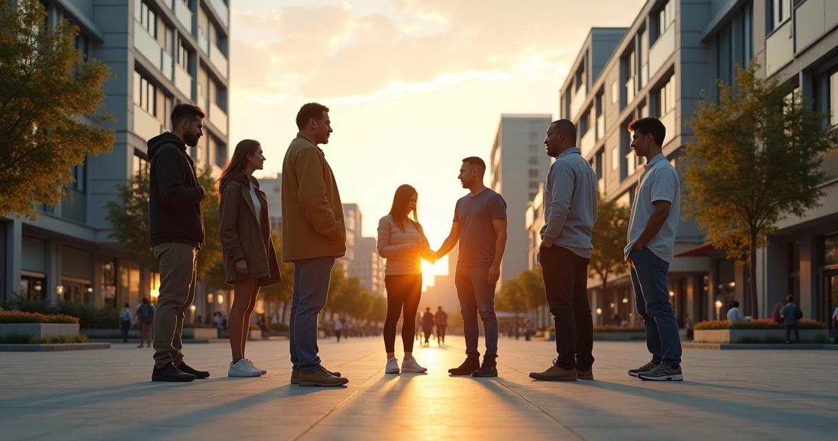 Plaza urbana con personas conectadas por luces suaves entre edificios 