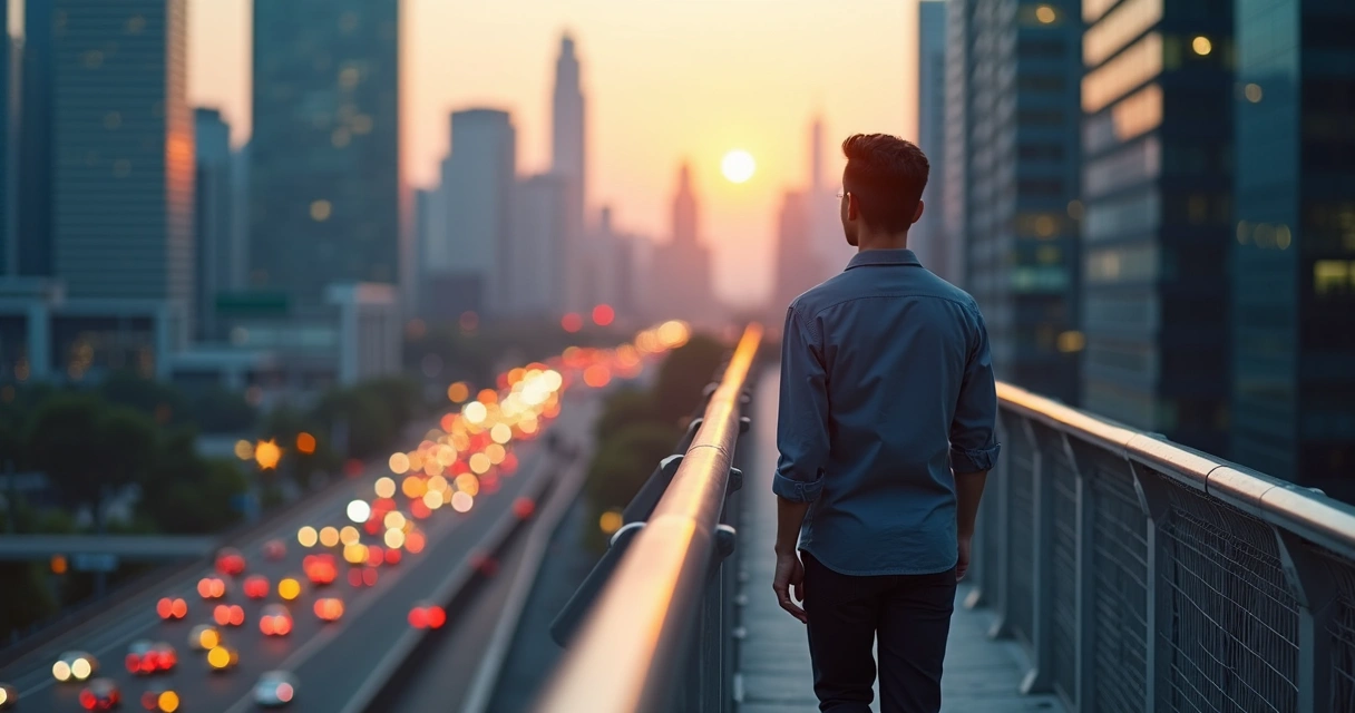 Adulto caminando solo sobre pasarela elevada en ciudad al atardecer 