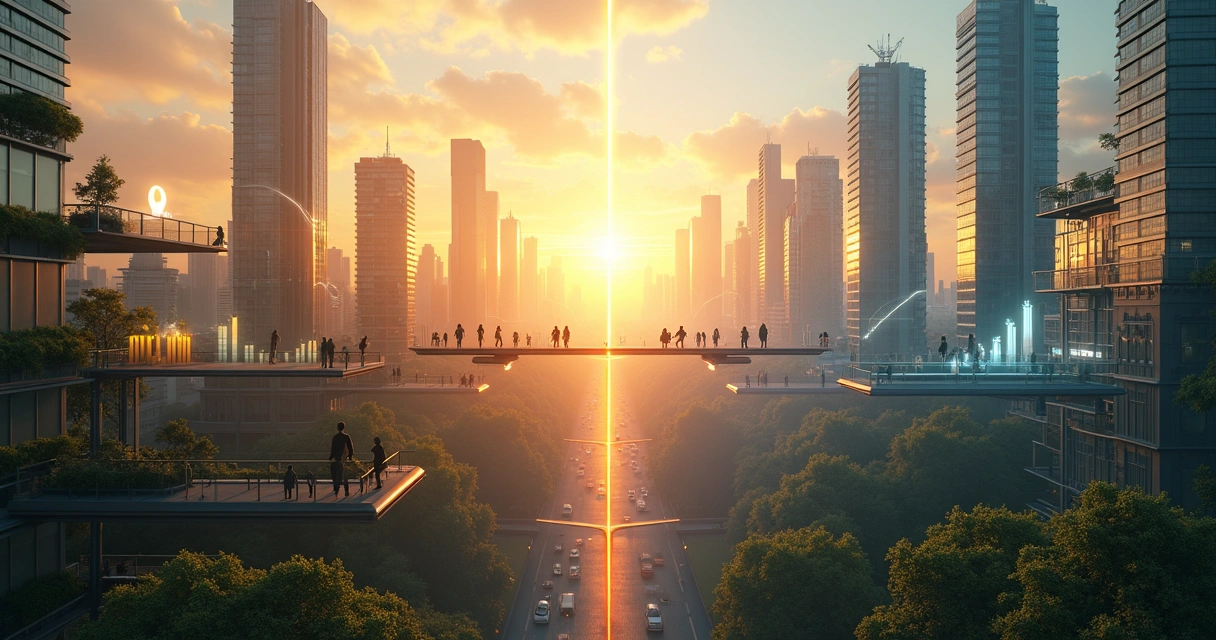 Horizonte de ciudad futura dividido entre economía ética y extractiva 