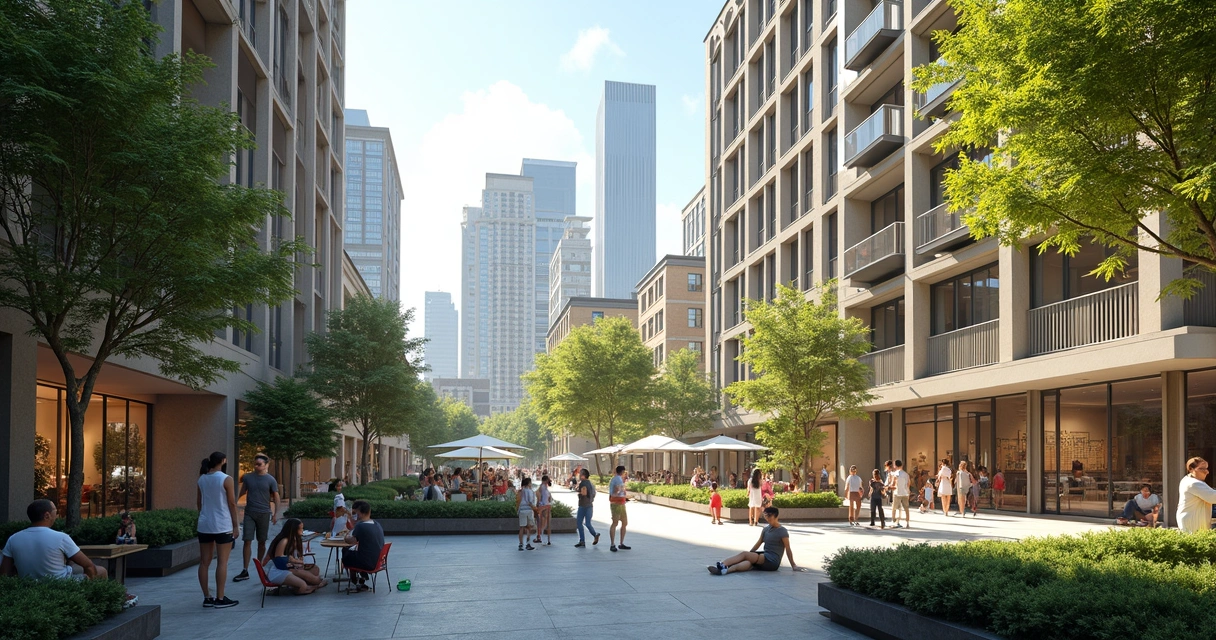 Ciudad con edificios renovados y personas trabajando juntas, ambiente de recuperación económica