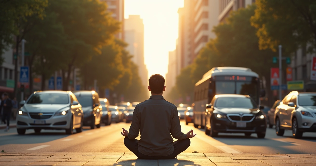 Tráfico urbano y persona tranquila practicando meditación en la acera 