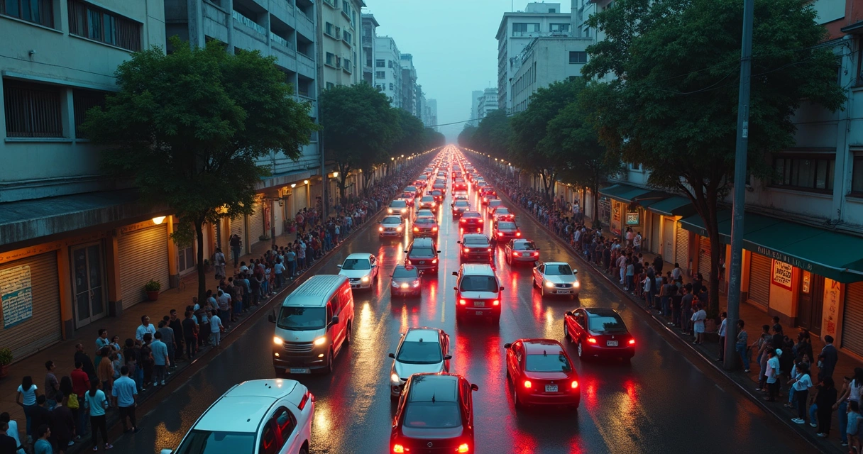 Avenida urbana congestionada vista desde arriba con peatones detenidos en las aceras 