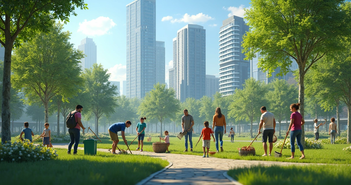 Ciudad limpia con parque verde y personas cuidando el ambiente 
