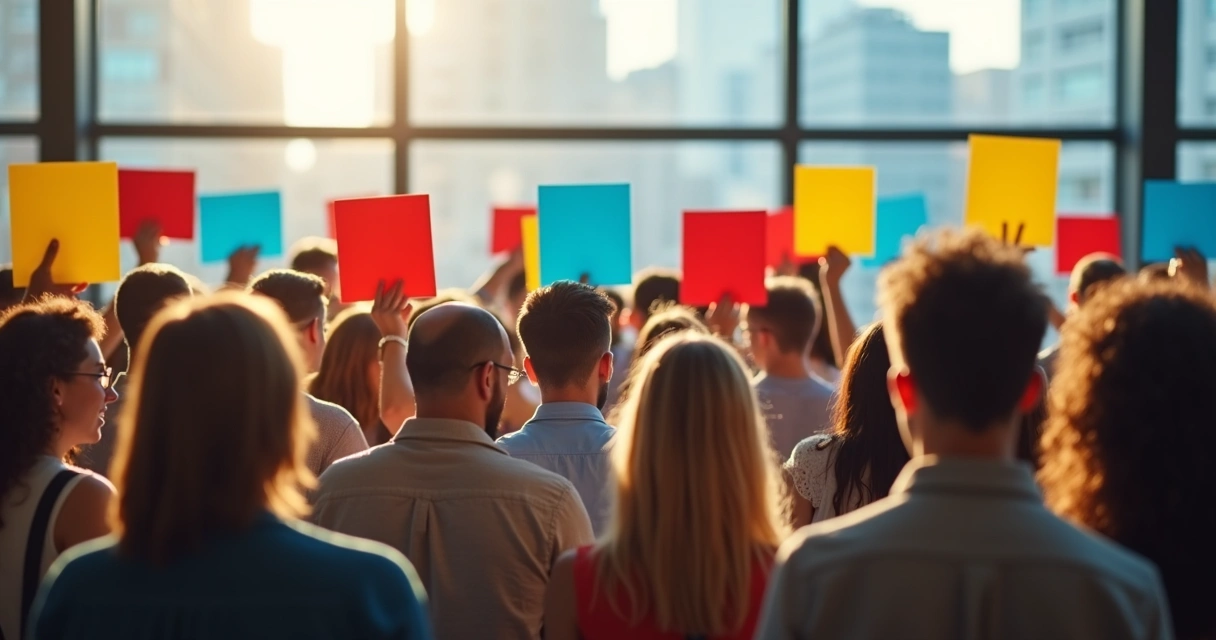 Ciudadanos en reunión pública debatiendo leyes y emociones 
