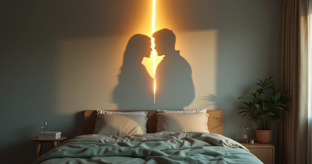 Sombra em formato de casal em parede separada por rachadura luminosa 