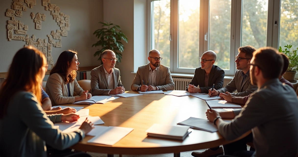 People of different backgrounds having a calm discussion at a large round table, papers and books scattered, sunlight streaming on diverse faces. 