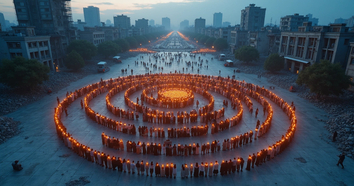 Aerial view of people forming a glowing spiral of candles in a ruined plaza at dawn 