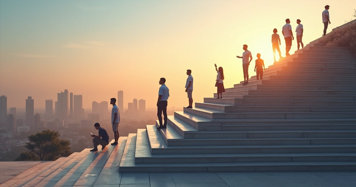 Diverse group standing on illuminated steps overlooking a futuristic city at sunrise 