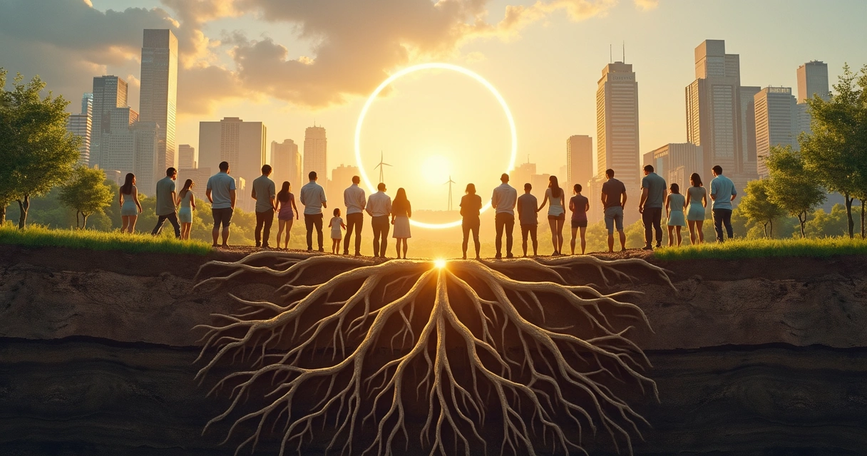 City skyline merging with deep tree roots and diverse people holding a circle of light 
