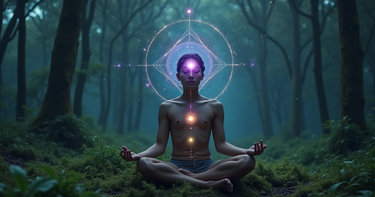 Woman meditating in forest with glowing third eye and sacred geometry 