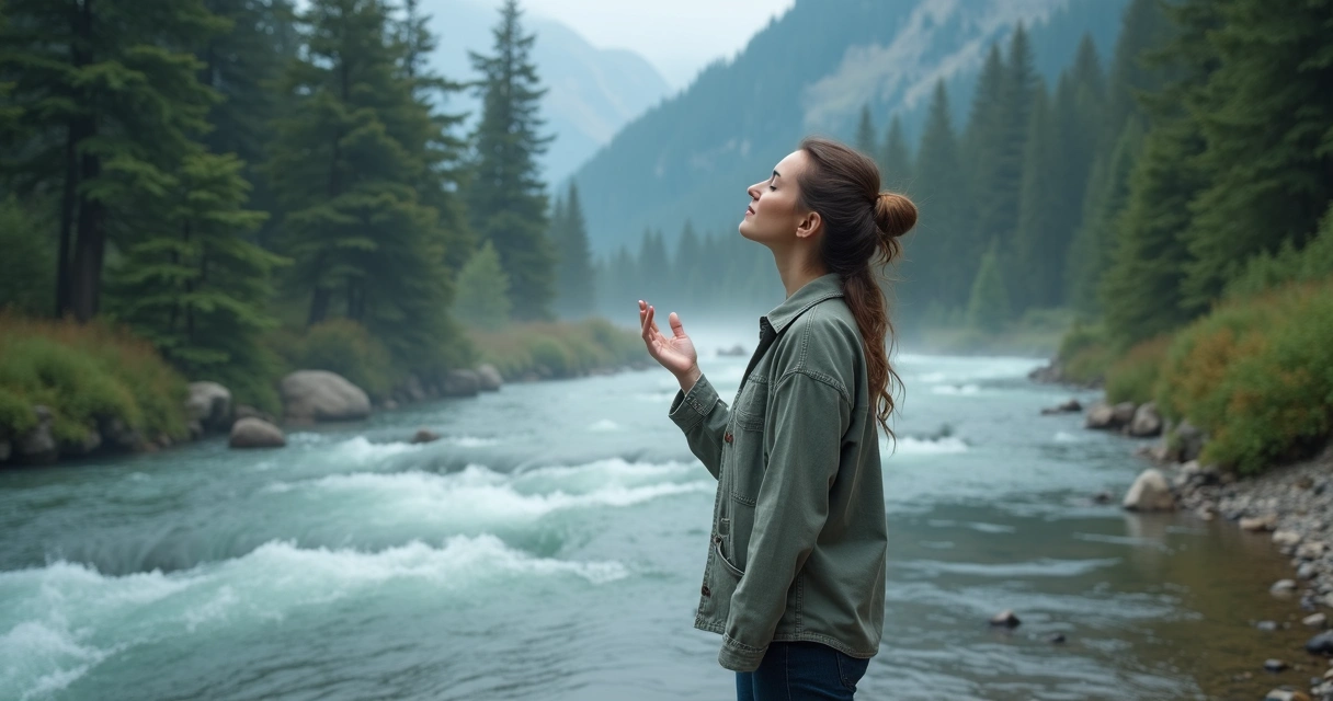 Woman sensing energy in nature by a mountain stream 