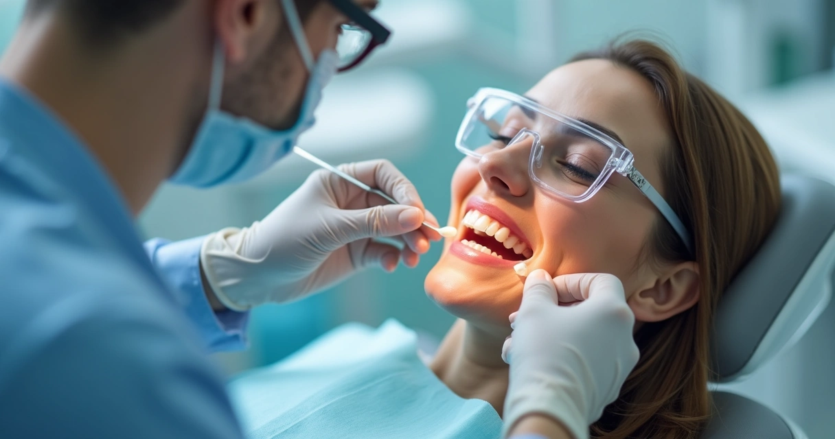 Dentista aplicando gel clareador com proteção gengival