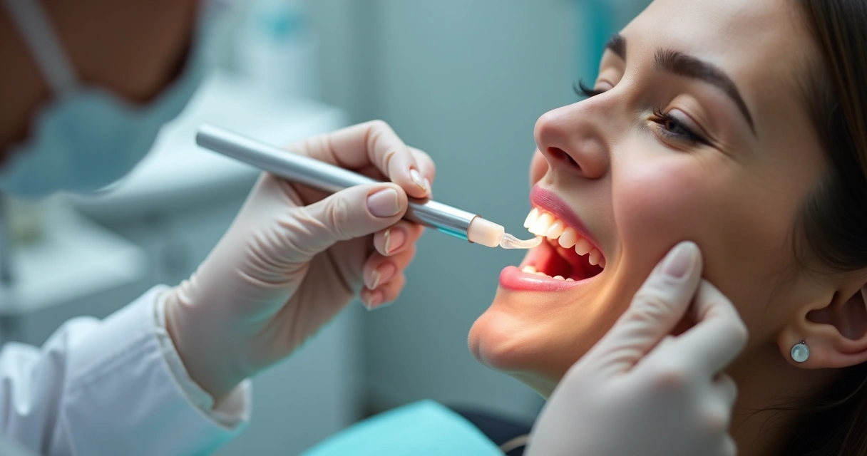 Profissional aplica clareador em dentes de paciente em consultório, ambos em ambiente moderno 