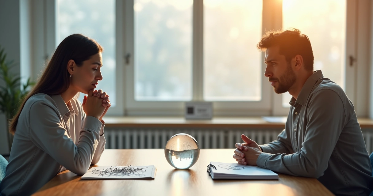 Duas pessoas em lados opostos de uma mesa com luz dividida entre tensão e calma 