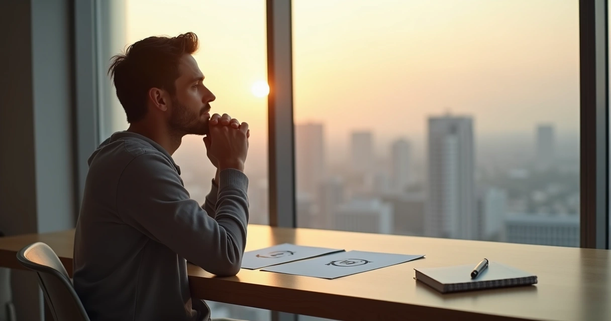 Pessoa sentada em frente à janela refletindo antes de tomar uma decisão 