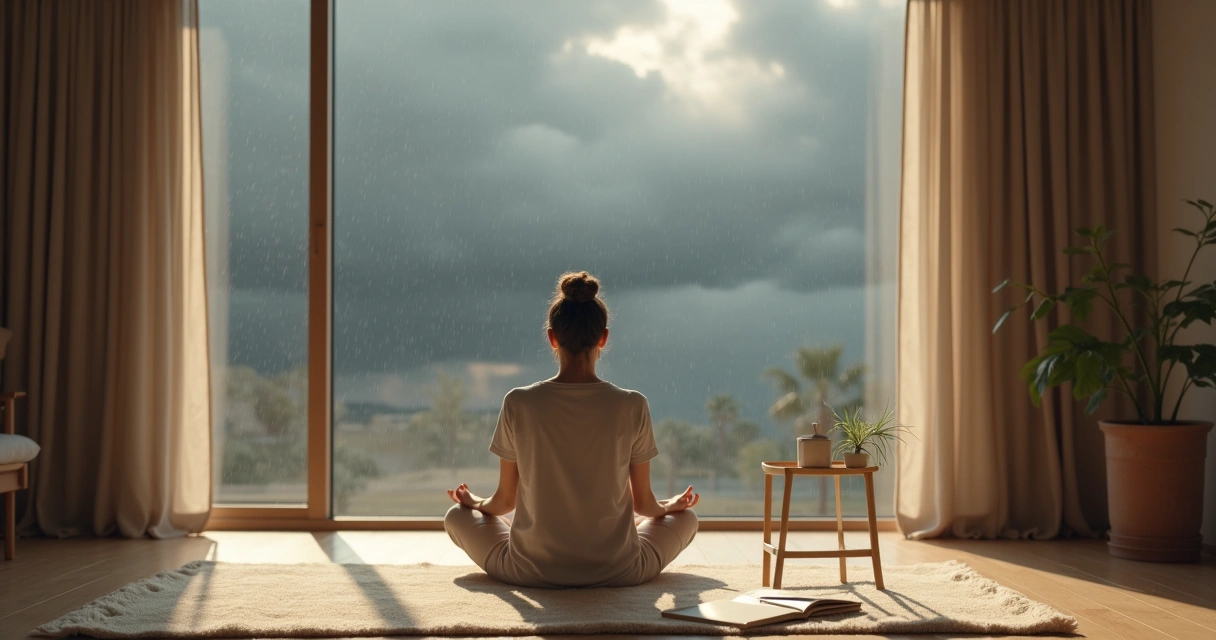 Pessoa meditando em sala minimalista enquanto observa tempestade pela janela 