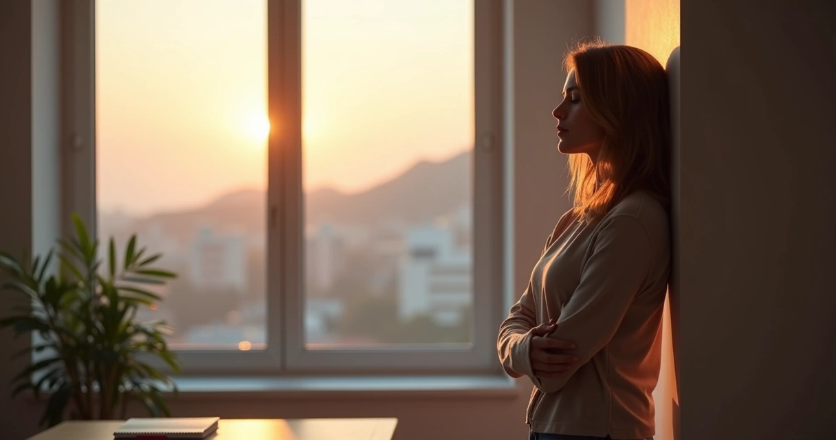 Pessoa de olhos fechados em frente à janela contemplando o horizonte 