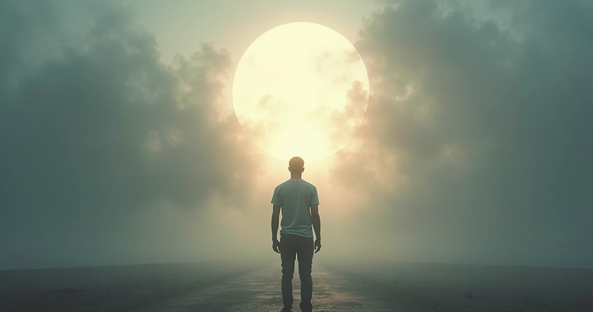 Pessoa em pé diante de caminho iluminado surgindo de espiral de neblina 