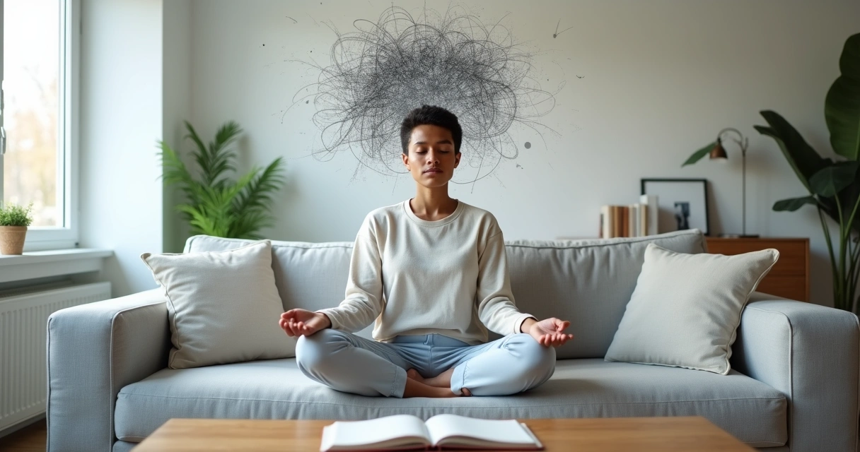 Pessoa sentada no sofá em postura de meditação com traços escuros de pensamentos se dissipando ao fundo 