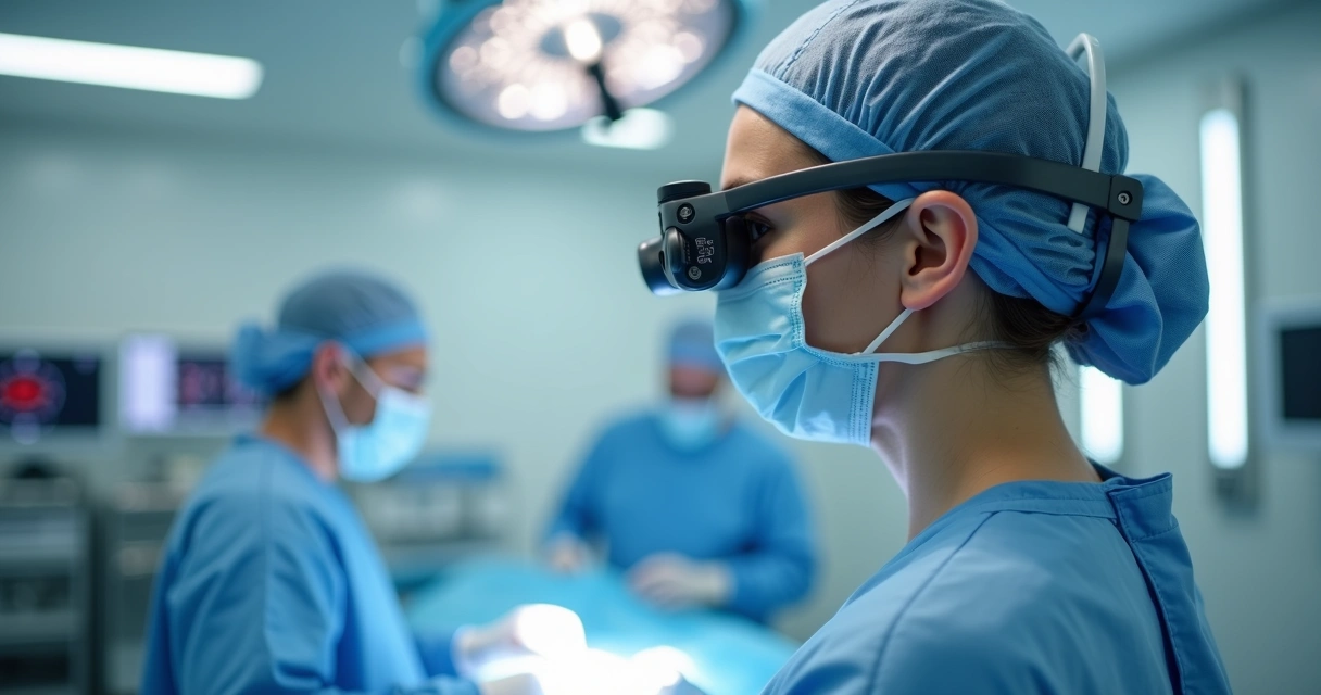 Cirurgião em centro cirúrgico usando lupa binocular Zumax em ambiente hospitalar iluminado 